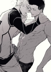 2boys blue_lock blue_lock_bodysuit blush chuma_a_a clothes_pull erection fingernails frottage greyscale hand_on_another&#039;s_shoulder highres looking_at_another male_focus male_masturbation male_pubic_hair masturbation monochrome multiple_boys muscular muscular_male mutual_masturbation pants pants_pull penis penises_touching pubic_hair puff_of_air short_hair simple_background soccer_uniform sportswear sweat topless_male white_background yaoi