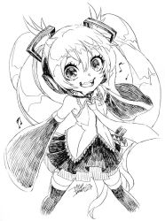 1girl 2017 :d bare_shoulders collared_shirt commentary detached_sleeves eyelashes fangs greyscale hair_between_eyes hand_up hatsune_miku headphones isamu-ki_(yuuki) legs_apart long_hair long_sleeves microphone miniskirt monochrome musical_note necktie open_mouth pleated_skirt shirt simple_background skirt smile solo teeth thighhighs traditional_media twintails vocaloid white_background wide_sleeves zettai_ryouiki
