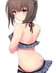 Rule 34 | 1girl, absurdres, ass, bikini, brown eyes, brown hair, butt crack, commentary request, frilled bikini, frills, from behind, grey bikini, headgear, highres, hirune (konekonelkk), kantai collection, looking at viewer, looking back, plaid bikini, plaid clothes, plaid skirt, short hair, short hair with long locks, simple background, skirt, solo, swimsuit, taihou (kancolle), upper body, white background