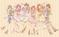 3boys 4girls absurdres animal_ears animification bow cookieann duffy_and_friends duffy_the_disney_bear full_body gelatoni highres holding humanization linabell long_hair long_sleeves looking_at_viewer mizala multiple_boys multiple_girls olu_mel purple_eyes purple_hair rabbit_ears shelliemay shirt short_hair smile standing stellalou stuffed_animal stuffed_toy