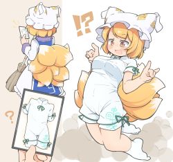 !? 1girl ability_card_(touhou) blonde_hair blush breasts broom china_dress chinese_clothes cosplay double_fox_shadow_puppet drawing_(object) dress fox_shadow_puppet fox_tail hat highres holding holding_broom holding_drawing kitsune kudamaki_tsukasa kudamaki_tsukasa_(cosplay) kyuubi large_breasts medium_breasts multiple_tails open_mouth romper short_hair simple_background socks solo tail touhou turnip_kabura white_background white_dress white_hat white_socks yakumo_ran yellow_eyes
