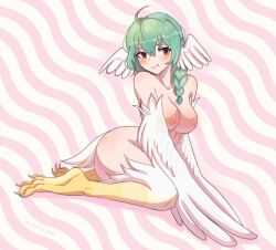 1girl absurdres ahoge birb_(niniidawns) bird_legs bird_tail blush borrowed_character braid breasts brown_eyes chicken_girl commentary english_commentary ev_v1l feathered_wings feathers green_hair hair_between_eyes harpy head_wings highres long_hair looking_at_viewer medium_breasts monster_girl nipples original pink_background solo tail talons twin_braids two-tone_background white_background white_feathers white_wings wide_hips wing_ears winged_arms wings