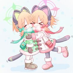 &gt;_&lt; 2girls :t absurdres alternate_costume animal_ear_headphones animal_ears aqua_background arm_at_side bag black_gloves black_pantyhose black_tail blonde_hair blue_archive blush blush_stickers boots bow brown_boots capelet cat_ear_headphones cat_ears cat_tail cheek-to-cheek closed_eyes closed_mouth coat commentary_request duffel_coat fake_animal_ears fake_tail foot_up fringe_trim from_side full_body fur-trimmed_boots fur-trimmed_capelet fur-trimmed_coat fur-trimmed_sleeves fur_trim gloves green_bag green_bow green_coat green_halo green_scarf hair_bow halo headphones heads_together highres hug long_sleeves low-tied_sidelocks medium_hair midori_(blue_archive) momoi_(blue_archive) multiple_girls onrataon pantyhose parted_bangs pink_boots pink_coat pink_halo pocket red_bag red_bow red_scarf scarf shoulder_bag siblings sidelocks sisters smile snowflake_background snowflakes standing steam tail twins v-shaped_eyebrows white_pantyhose winter_clothes winter_coat xt