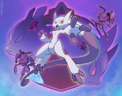 armor body_fur bug full_body gen_1_pokemon gen_5_pokemon genesect highres legendary_pokemon mecha mega_mewtwo_y mega_pokemon mewtwo mythical_pokemon nintendo pokemon pokemon_(creature) purple_armor purple_background purple_fur purple_theme red_eyes ringed_eyes robot solo_focus tomycase