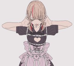1girl apron back_bow black_dress blunt_bangs bow brown_hair closed_eyes collared_dress colored_inner_hair commentary cow dress fang food_in_mouth frilled_dress frills grey_background heart heart_o-ring highres jirai_kei kamatama_rom makaino_ririmu makaino_ririmu_(5th_costume) medium_hair multicolored_hair nijisanji o-ring o-ring_strap official_alternate_costume open_mouth pink_apron pink_bow puffy_short_sleeves puffy_sleeves red_hair short_sleeves sidelocks simple_background solo streaked_hair virtual_youtuber waist_apron