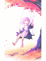 1girl absurdres blue_eyes breasts coat commentary cyrene_(honkai:_star_rail) dress falling_leaves hair_ornament highres honkai:_star_rail honkai_(series) jewelry leaf looking_at_viewer medium_hair necklace on_swing outdoors pink_hair purple_coat reyyu_tan sandals small_breasts smile solo swing symbol-only_commentary tree white_dress