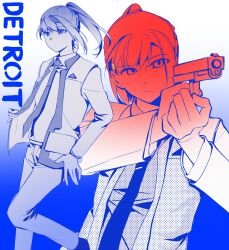 1girl aiming alternate_costume alternate_universe android blazer blue_background braid chidouin_sara closed_mouth collared_shirt copyright_name detroit:_become_human empty_eyes expressionless floating_hair formal_clothes glowing gradient_background gun handgun high_ponytail highres holding holding_gun holding_weapon jacket kimi_ga_shine light_frown limited_palette long_hair long_sleeves looking_ahead multiple_views necktie open_clothes open_jacket pants parody ponytail shirt single_hair_intake single_sidelock suit walking weapon white_background wing_collar yellowmao0509