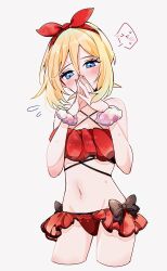 1girl bikini blonde_hair blue_eyes blush bow bracelet breasts closed_mouth cocoa_s3 creatures_(company) eyelashes game_freak hair_between_eyes hair_bow hairband highres irida_(pokemon) jewelry looking_at_viewer midriff navel nintendo pokemon pokemon_legends:_arceus red_bikini red_bow red_hairband short_hair solo swimsuit