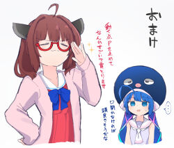 2girls :3 ahoge bespectacled blue_eyes blue_hair brown_hair closed_eyes doyagao empty_eyes glasses long_hair medium_hair multiple_girls otomachi_una red-framed_eyewear sailor_collar school_uniform sechin semi-rimless_eyewear simple_background sleeveless smug sweatdrop talkex touhoku_kiritan translated twintails voiceroid