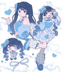 Rule 34 | 1girl, blue arm warmers, blue boots, blue bow, blue dress, blue eyes, blue theme, boots, bow, chibi, chibi inset, commentary, detached sleeves, dress, hair bow, highres, idol, long hair, multiple views, one eye closed, original, puffy detached sleeves, puffy sleeves, standing, standing on one leg, twintails, yokan (yokan no irai)