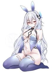 1girl absurdres alternate_costume animal_ear_hairband animal_ears bare_shoulders blush breasts cleavage closed_mouth commentary covered_navel elbow_gloves english_commentary fake_animal_ears full_body genshin_impact gloves grey_hair hair_between_eyes hair_ornament hairband highleg highleg_leotard highres large_breasts leotard long_hair miclipse playboy_bunny purple_gloves purple_thighhighs rabbit_ear_hairband rabbit_ears red_eyes see-through_clothes see-through_leotard seiza sitting skirk_(genshin_impact) solo thighhighs thighs torn_clothes torn_thighhighs very_long_hair