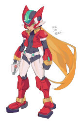 Rule 34 | 1boy, armor, black bodysuit, blonde hair, bodysuit, cropped jacket, forehead jewel, full body, green eyes, gun, helmet, highres, holding, holding gun, holding weapon, jacket, long hair, male focus, mayutsuba mono, mega man (series), mega man zx, model zx (mega man), red armor, red helmet, red jacket, simple background, solo, weapon, white background