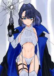 1girl absurdres aran_legwear blue_eyes blue_hair bullet_hole cable_knit commentary detached_sleeves english_commentary garter_straps grey_garter_straps gun hair_intakes handgun highres hololive hololive_english jacket jacket_on_shoulders koizumi_arata looking_at_viewer mafia meme_attire multicolored_hair ouro_kronii panties revolver ribbed_legwear ribbed_panties ribbed_sleeves ribbed_sweater ribbed_thighhighs short_hair side-tie_panties sleeveless sleeveless_sweater sleeveless_turtleneck solo sweater thighhighs turtleneck turtleneck_sweater underwear virgin_destroyer_sweater virtual_youtuber weapon white_garter_straps white_sweater