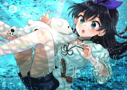 1girl absurdres air_bubble animal aqua_eyes bear birthday black_hair black_shorts blush bow breasts bubble character_name collarbone commentary_request dated earrings english_text fingernails frilled_shirt frills ganaha_hibiki hair_bow happy_birthday high_ponytail highres hoop_earrings idolmaster idolmaster_(classic) idolmaster_million_live! idolmaster_million_live!_theater_days jewelry long_sleeves looking_at_animal medium_breasts official_alternate_costume open_mouth pendant polar_bear ponytail purple_bow rainbow shirt short_shorts shorts star_(symbol) swimming toshiki74_p underwater water white_shirt