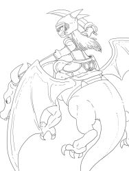 Rule 34 | 1girl, armlet, armor, ass, daisy (dq), dragon, dragon quest, dragon quest yuusha abel densetsu, fake horns, full body, gloves, greyscale, hamoya, helmet, holding, holding sword, holding weapon, horned helmet, horns, jewelry, long hair, monochrome, reins, riding, saddle, simple background, smile, sword, thighhighs, weapon, white background