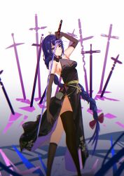 1girl absurdres alternate_costume asymmetrical_bangs bare_shoulders bigchaping black_gloves black_thighhighs bow bowtie braid breasts cleavage dress earrings genshin_impact gloves hair_bow highres holding holding_sword holding_weapon jewelry long_hair looking_at_viewer purple_eyes purple_hair raiden_shogun side_slit sideboob single_braid sleeveless sleeveless_dress solo sword thighhighs very_long_hair weapon