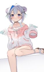 1girl :3 ahoge amane_kanata amane_kanata_(summer) angel angel_wings badao bikini black_bow black_choker blunt_bangs blush bow choker dot_nose double_bun drawstring grey_hair hair_bun hair_intakes hair_ornament highres hololive hood hoodie long_sleeves looking_at_viewer mini_wings official_alternate_costume official_alternate_hair_length official_alternate_hairstyle pink_bow pink_hoodie purple_eyes simple_background sleeves_past_fingers sleeves_past_wrists solo star_(symbol) star_choker swimsuit virtual_youtuber white_background white_bikini white_hoodie wings x_hair_ornament