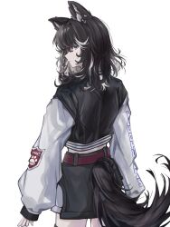 Rule 34 | 1girl, absurdres, animal ear piercing, animal ears, arm rest, barbell piercing, belt, belt buckle, black hair, black jacket, black pants, black shirt, blue eyes, buckle, closed mouth, clothes writing, dog ears, dog girl, ear piercing, from behind, highres, industrial piercing, jacket, kmnz, long sleeves, looking back, medium hair, midriff, multicolored hair, multicolored jacket, navel, nero (kmnz), no name ver1, pants, piercing, red belt, shirt, simple background, solo, streaked hair, swept bangs, tongue, tongue out, two-tone jacket, virtual youtuber, white background, white jacket, white streaks