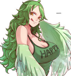 1girl :q aosora2823 artist_name breasts cleavage clothes_writing commentary green_hair green_tank_top green_wings harp highres instrument large_breasts long_hair looking_at_viewer monet_(one_piece) one_piece simple_background solo tank_top tongue tongue_out upper_body white_background wings yellow_eyes