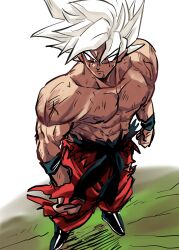 Rule 34 | 1boy, 9302w (user wjpg8475), abs, dragon ball, dragonball z, highres, male focus, muscular, muscular male, original, pants, pectorals, red eyes, solo, son goku, spiked hair, super saiyan, super saiyan 1, topless male, torn clothes, torn pants, white hair