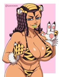 1girl animal_ears animal_hands animal_print artist_name bikini black_hair breasts dark-skinned_female dark_skin dreadlocks ermes_costello gloves hair_ornament highres hip_bones huge_breasts jojo_no_kimyou_na_bouken lipstick luckyshazo makeup navel paw_gloves shiny_skin skindentation smile stone_ocean swimsuit thong thong_bikini tiger_ears tiger_print