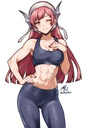 1girl ;) abs artist_name black_pants black_sports_bra breasts cherche_(fire_emblem) closed_mouth commentary english_commentary fire_emblem fire_emblem_awakening highres long_hair looking_at_viewer muscular muscular_female navel nintendo one_eye_closed pants red_eyes red_hair rotomdocs signature simple_background smile solo sports_bra sportswear stomach twitter_username watermark white_background yoga_pants