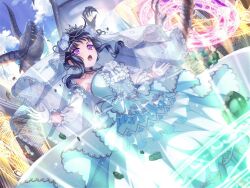 1girl artist_request bang_dream! black_hair blue_sky bridal_veil choker cloud cloudy_sky dragon dress gloves jewelry long_hair official_art open_mouth purple_hair shirokane_rinko sky solo standing veil wedding_dress white_gloves