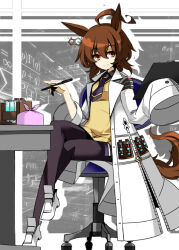1girl agnes_tachyon_(umamusume) ahoge animal_ears black_pantyhose black_shirt block_heels blue_necktie brown_hair brown_tail buttons chair clipboard collared_shirt crossed_legs desk earrings equation full_body hair_between_eyes holding holding_clipboard holding_pen horse_ears horse_girl horse_tail jewelry lab_coat light_smile looking_at_viewer medium_hair messy_hair necktie office_chair pantyhose partially_unzipped pen red_eyes shiki_(gjmatpw) shirt shoes short_necktie sidelocks single_earring sitting sleeves_past_fingers sleeves_past_wrists solo split_mouth sweater_vest swivel_chair tail test_tube umamusume very_long_sleeves white_shoes wide_sleeves yellow_sweater_vest zipper zipper_pull_tab
