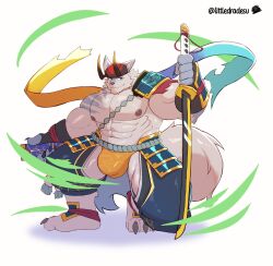 1boy abs animal_ears armor artist_logo artist_name bara barefoot bulge claws closed_mouth commentary english_commentary fake_horns furry furry_male highres holding holding_sheath holding_sword holding_weapon horned_headwear horns kumoyama_(xxl) littledradesu logo looking_at_viewer male_focus muscular muscular_male nipples orange_fundoshi pauldrons pectorals sheath shoulder_armor single_pauldron smile sword tail topless_male weapon white_background wolf_boy wolf_ears wolf_tail xxl_woofia