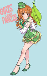 1girl absurdres copyright_name flight_attendant frilled_skirt frills girls_und_panzer green_background green_flag green_footwear green_jacket green_skirt high_heels highres jacket long_sleeves looking_at_viewer orange_eyes orange_hair shirt skirt smile solo takebe_saori travel_attendant white_shirt yamashita_shun&#039;ya