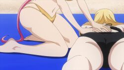 4girls animated anime_screenshot ass bikini black_bikini black_hair blonde_hair breasts butt_crack cat_girl cecile_(aiomodarkelf) chotto_dake_ai_ga_omoi_dark_elf_ga_isekai_kara_oikakete_kita dark-skinned_female dark_elf dark_skin elf gradient_hair green_eyes hair_between_eyes highres huge_ass long_hair lying mariabelle_(chotto_dake_ai_ga_omoi_dark_elf_ga_isekai_kara_oikakete_kita) mei_(aiomodarkelf) mochida_sakura_(aiomodarkelf) multicolored_hair multiple_girls navel on_stomach pink_bikini pink_hair pointy_ears purple_hair purple_nails short_hair sideboob sidelocks slit_pupils smile sound spanking stomach striped_bikini striped_clothes swimsuit tagme thighs two-tone_hair video white_bikini white_hair yellow_bikini yellow_eyes