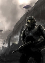 1boy armor assault_rifle bullpup gun halo:_reach halo_(game) halo_(series) helmet ma5 male_focus outdoors power_suit rain rifle ship sky solo spacecraft spartan spartan-b312 spartan_(halo) the_pillar_of_autumn unsc_pillar_of_autumn watercraft weapon youhey