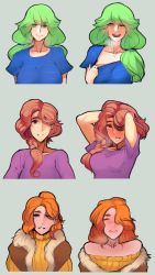 3girls blue_shirt blush breasts brown_eyes brown_hair caroline_(stardew_valley) cleavage coat dirty green_eyes green_hair hair_down hair_ornament hair_over_one_eye hair_scrunchie highres housewife jodi_(stardew_valley) large_breasts long_hair looking_at_viewer married mature_female medium_breasts mature_female motherly multiple_girls orange_hair ponytail pov purple_shirt robin_(stardew_valley) scathegrapes scrunchie shirt stardew_valley steam sweater turtleneck turtleneck_sweater yellow_sweater