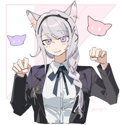 Rule 34 | 1girl, animal ears, black hairband, black jacket, black ribbon, bow hairband, braid, cat ears, chinese commentary, collared shirt, cropped torso, grey hair, hairband, highres, jacket, kemonomimi mode, kirifuji nozomi, long hair, neck ribbon, paw pose, pink background, purple eyes, ribbon, shirt, si ming, simple background, smile, solo, the hundred line -last defense academy-, twitter username, two-tone background, white background, white shirt