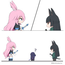Rule 34 | 3girls, ?, absurdres, acheron (honkai: star rail), animal ears, black hair, black jacket, black skirt, blue eyes, chibi, chibi only, commentary, company connection, fox ears, fox girl, highres, honkai: star rail, honkai (series), honkai impact 3rd, hoshimi miyabi, jacket, katana, looking at another, marin liekuriva, mihoyo, multiple girls, pink hair, purple hair, red eyes, scabbard, sheath, sheathed, shirt, simple background, skirt, sword, weapon, weapon connection, white background, white shirt, wide sleeves, yae sakura, yae sakura (goushinnso memento), zenless zone zero