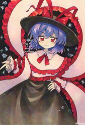 Rule 34 | 1girl, artist name, black skirt, bow, capelet, closed mouth, commentary, dated, frilled capelet, frilled shawl, frills, hagoromo, hand on own hip, hashtag-only commentary, hat, hat bow, highres, long hair, long skirt, long sleeves, looking at viewer, maa (forsythia1729), nagae iku, pink capelet, pink scarf, pink shirt, purple hair, red eyes, scarf, shawl, shirt, skirt, smile, solo, touhou, traditional media, twitter username, watermark