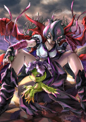 Rule 34 | alraumon, bancholilimon, banchou, bandages, black sclera, colored sclera, delinquent, digimon, flower, plant, scar, school uniform, smile, vines, yo-yo
