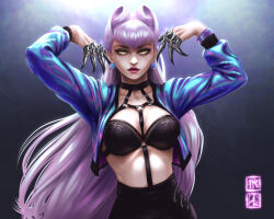 Rule 34 | 1girl, absurdres, arigs88, black skirt, breasts, cropped jacket, crossed legs, demon girl, evelynn (league of legends), highres, jacket, k/da (league of legends), k/da all out evelynn, league of legends, long hair, looking at viewer, medium breasts, open clothes, open jacket, skirt, solo, white hair, yellow eyes