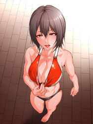 1girl aho_manten breasts cleavage solo sports_bra tongue tongue_out
