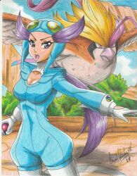 1girl 2018 artist_name beak bird bird_wings breasts bush cleavage collarbone cowboy_shot day gen_1_pokemon gloves helmet holding holding_poke_ball long_hair medium_breasts mega_pidgeot mega_pokemon mega_stone nintendo open_mouth outdoors pidgeot pilot_suit pink_eyes poke_ball pokemon pokemon_(creature) pokemon_oras ponytail purple_eyes purple_hair ravernclouk_design sky standing traditional_media white_gloves wings winona_(pokemon)