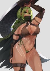 1girl absurdres boomerang braid breast_tattoo breasts cape commentary_request dark-skinned_female dark_skin green_cape green_eyes green_hair green_hairband grey_background hairband highres holding holding_sword holding_weapon huge_weapon jovejun large_breasts long_hair looking_at_viewer navel saiya_the_viridian_shade_(ashiavain) scarf scarf_over_mouth sidelocks simple_background single_braid solo stomach_tattoo sword tattoo thick_thighs thighs torn_cape torn_clothes warrior weapon