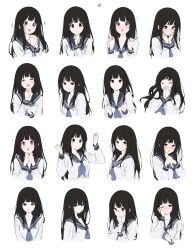 1girl :o :t absurdres black_hair black_sailor_collar chitanda_eru closed_mouth cropped_torso embarrassed expression_chart multiple_expressions hand_up covering_own_mouth hands_up highres hyouka kamiyama_high_school_uniform_(hyouka) long_hair looking_at_viewer mery_(yangmalgage) multiple_views neckerchief open_mouth pink_neckerchief pouty_lips purple_eyes sailor_collar scared school_uniform serafuku shirt simple_background white_background white_shirt