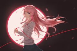 1girl absurdres bang_dream! bang_dream!_it&#039;s_mygo!!!!! chihaya_anon commentary falling_petals floating_hair grey_eyes grey_skirt highres hu_pi_xuan_jiao long_hair long_sleeves open_mouth petals pink_hair skirt solo string string_of_fate sweater white_sweater