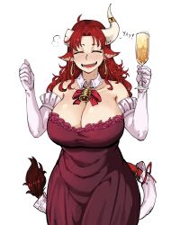 1girl :d absurdres animal_ears antares_topaz bell blind breasts broken_horn champagne_flute closed_eyes commentary cow_ears cow_girl cow_horns cup detached_collar dress drinking_glass earrings elbow_gloves english_commentary frills ganymede_(antares_topaz) gloves highres hoop_earrings horns huge_breasts jewelry minotaur monster_girl neck_bell open_mouth red_hair simple_background smile solo star_linker tail white_background white_gloves