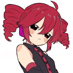 Rule 34 | 1girl, ahoge, bare shoulders, blush, buttons, drill hair, haru maron, kasane teto, kasane teto (utau), looking at viewer, parted lips, red hair, shirt, simple background, sleeveless, sleeveless shirt, solo, twin drills, upper body, utau, white background