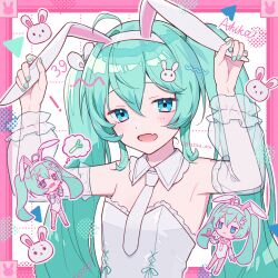 1girl animal_ears ashika_(yftcc948) bare_shoulders blue_eyes blue_hair blue_nails blush chibi detached_sleeves hair_ornament hatsune_miku highres long_hair necktie open_mouth rabbit rabbit_ears twintails very_long_hair vocaloid