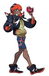 Rule 34 | 1boy, absurdres, aqua eyes, artist request, beanie, blue gloves, blue shorts, cellphone, dark-skinned male, dark skin, earrings, from side, full body, gen 4 pokemon, gloves, grey hair, grin, gym leader, hands up, happy, hat, highres, holding, jewelry, long sleeves, male focus, nintendo, official art, outline, phone, pokemon, pokemon (creature), pokemon swsh, raihan (pokemon), rotom, rotom phone, shoes, shorts, side slit, simple background, single glove, smile, solo, standing, sweater, teeth, transparent background, white outline, wristband