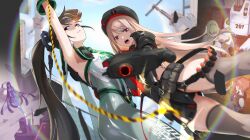 5girls absurdres black_hair black_hat bodysuit brown_hair crossover elegg_(nikke) eve_(stellar_blade) fune_(fune83ojj) goddess_of_victory:_nikke gun hat highres holding holding_gun holding_weapon lily_artemis_ii_(stellar_blade) looking_at_viewer military_hat multiple_girls pointing pointing_at_viewer ponytail rapi_(nikke) raven_(stellar_blade) red_eyes shift_up stellar_blade thighhighs thighs weapon