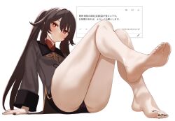 1girl barefoot black_nails black_shorts blush breasts brown_hair cameltoe chinese_clothes commission feet flower-shaped_pupils genshin_impact highres hu_tao_(genshin_impact) knees_up legs long_hair looking_at_viewer no_headwear red_eyes shorts sitting small_breasts smile soles solo symbol-shaped_pupils tft_(tft7822) thighs translation_request twintails white_background