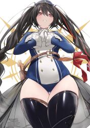 1girl anshinin_misa belt black_hair black_thighhighs blue_leotard blue_sleeves bow braid brown_belt cowboy_shot cross fishnet_thighhighs fishnets frilled_sleeves frills from_below gloves head_ornament highres leotard long_hair long_sleeves looking_at_viewer mole mole_under_eye multicolored_hair multicolored_leotard open_mouth own_hands_clasped own_hands_together pink_eyes pocket_watch red_bow red_hair showhey!! simple_background solo streaked_hair teeth thighhighs twin_braids twintails two-tone_leotard v vee_(vtuber) very_long_hair virtual_youtuber watch white_background white_gloves